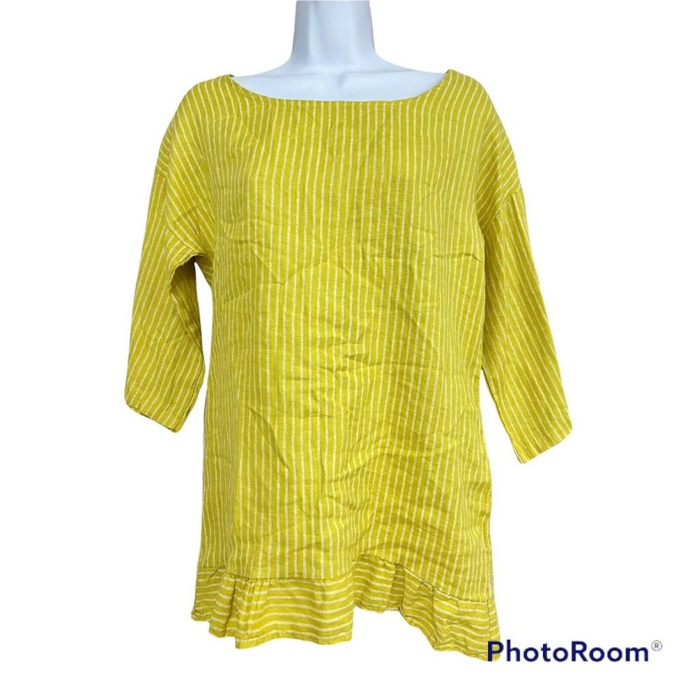 NWT Italian Linen Top Tunic Small Yellow Stripes Lagenlook Boho Resort Vacation - Picture 1 of 8
